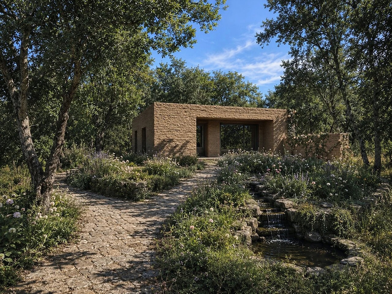A cobbled path and stepped water course leading to the threshold of an earthen pavilion